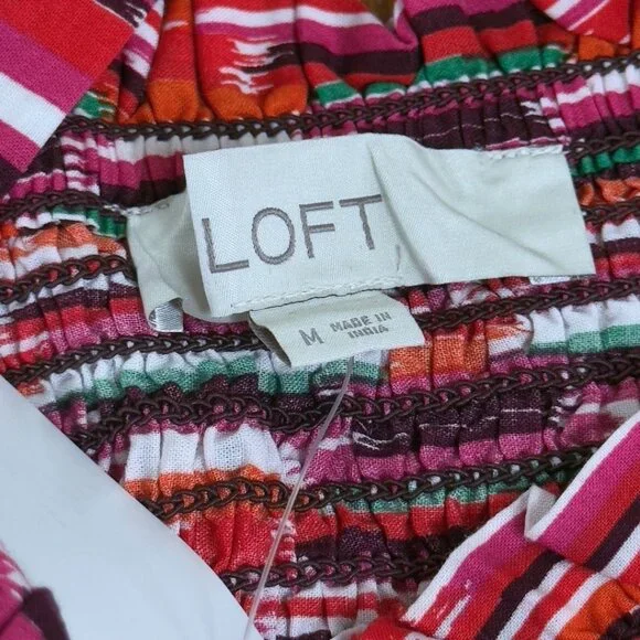 Loft Peplum Top Pink Striped Smocked Blouse 100% Cotton Dressy Casual Preppy Y2K - Picture 8 of 9
